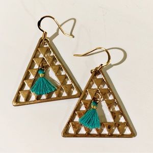 New - Gold-Tone Triangle Earrings with TEAL Tassel
